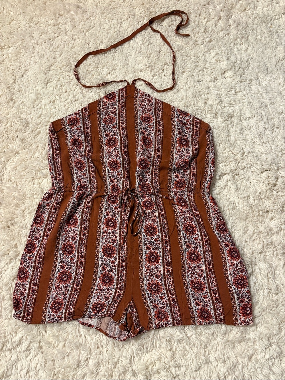 Cape Juby Rust Floral Stripe Halter Romper